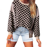 Women's Simple And Versatile Round-Neck Plaid Patchwork Pullover