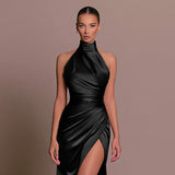 Elegant Stand-up Collar Long Dress Halter Neck Sleeveless Slit Slim Dress