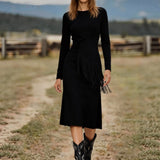 Women's Retro Western Crew-Neck Long-Sleeve Fringed Suede Velvet Dress