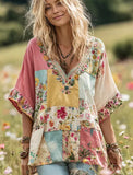 Retro Color-blocked Casual V-neck Mid-sleeve Top