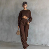 Fashionable Women's Knit Long-sleeve Top And Pants Two-piece Set