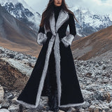 Winter Women's Retro Black Ethnic Style Faux Fur Trim Suede Long Coat