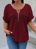 Zipper Short-sleeve Mock-pocket Pullover Loose-fit T-shirt