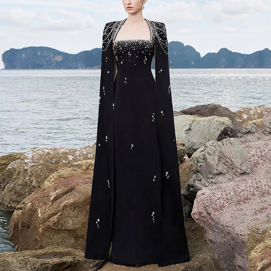 Beaded Lanyard Shawl Sleeve And Floor Long Dress