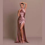 Elegant Stand-up Collar Long Dress Halter Neck Sleeveless Slit Slim Dress