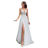 Sexy Side Slit A-Line Wedding Dresses Boho Beading Spaghetti Straps Sleeveless Lace Appliques Backless Chiffon Bridal Dresses