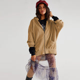 Waffle-knit Cardigan With Zipper Relaxed-fit Women's Hoodie
