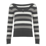 Figure-hugging Long-sleeve Base Sweater With Striped V-neck