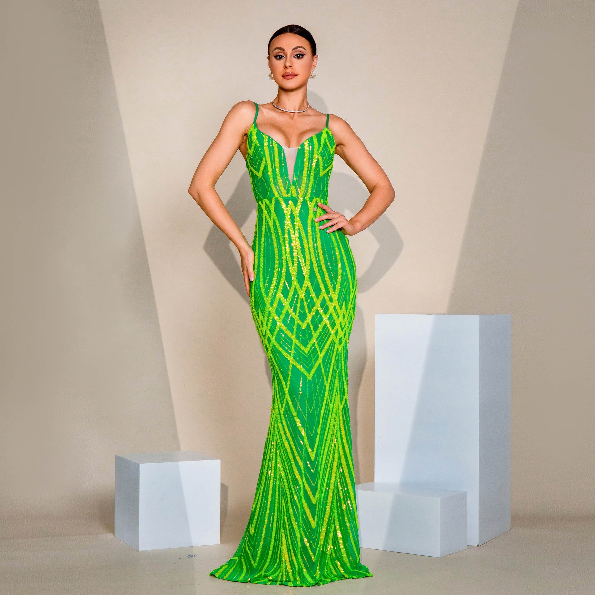 V-neck Strap Sequined Fishtail Evening Dress