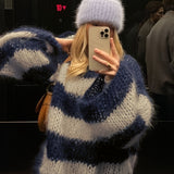 Crew-neck Contrast-striped Loose-fit Casual Chic Versatile Knit Pullover