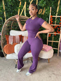 Fashionable Solid-Color Slim-Fit Stretchy Versatile Short-Sleeve Top And Pants Set