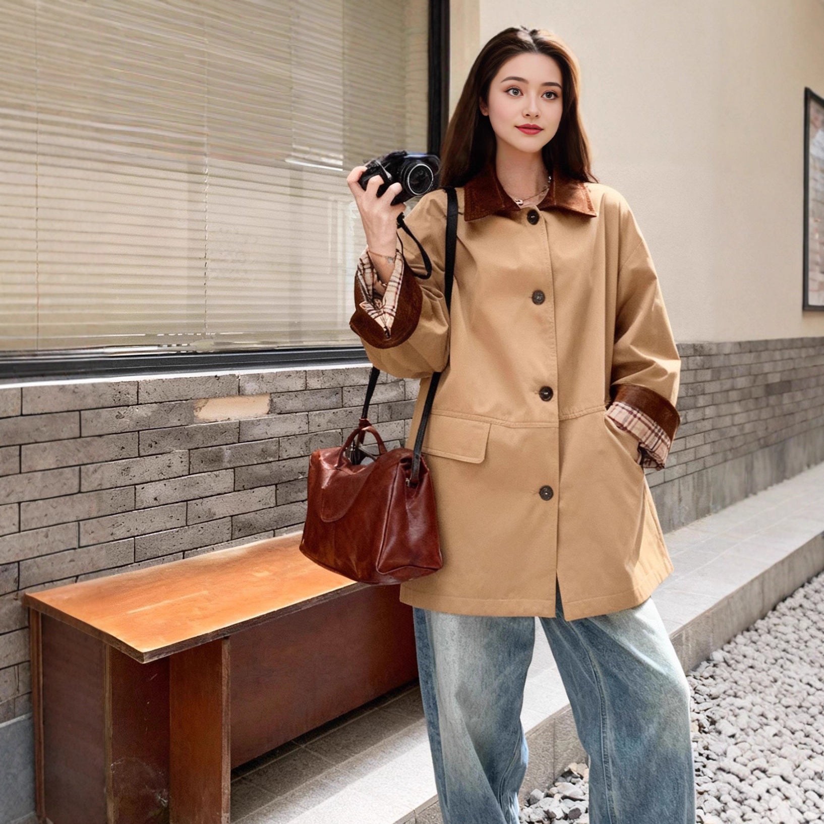 Khaki Long-sleeve Color-block Women's Casual Jacket