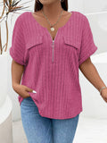 Zipper Short-sleeve Mock-pocket Pullover Loose-fit T-shirt