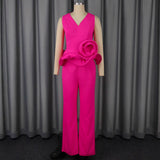 Three-dimensional Flower V-neck Sleeveless Top High Waist Fashion Straight-leg Pants