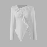 Pleated Ruffled Edge Square Neck Long Sleeve Base Shirt