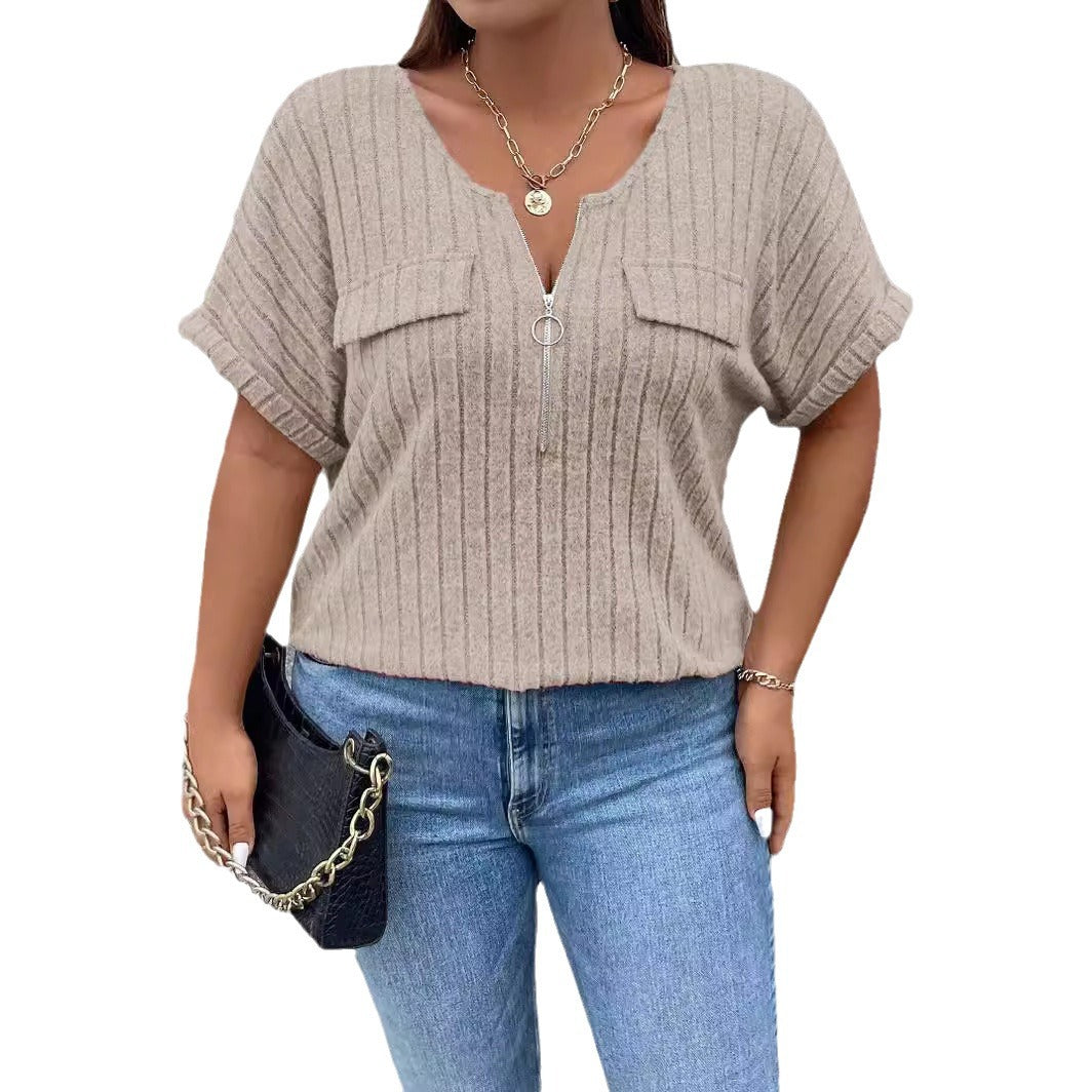 Zipper Short-sleeve Mock-pocket Pullover Loose-fit T-shirt
