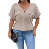 Zipper Short-sleeve Mock-pocket Pullover Loose-fit T-shirt
