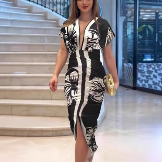 Fashionable Baroque Retro Pattern Long-Sleeve Slim-Fit Deep V-Neck Bodycon Mid-Length Skirt