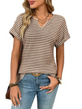 New Women's V-neck Short-sleeve Loose-fit Striped Casual Pullover T-shirt