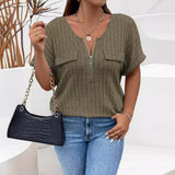 Zipper Short-sleeve Mock-pocket Pullover Loose-fit T-shirt