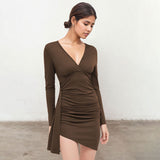 Designer-style Pleated Slim-fit Dress For Women Autumnwinter Deep Brown V-neck Long-sleeve Sheath Skirt With A Slit