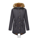 Hooded Women's Mid-length Padded Coat With Fur Collar And Defined Waist