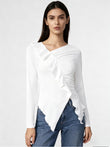 Pleated Ruffled Edge Square Neck Long Sleeve Base Shirt