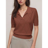 Women's Polo-Neck Diamond-Knit Short-Sleeve Pullover