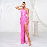 One-shoulder Diagonal Collar Sequined Slit Evening Dress
