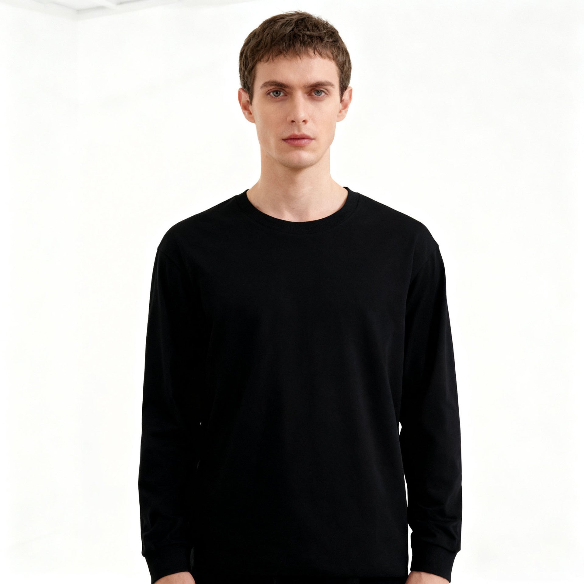 Solid-color Heavyweight Pure Cotton Crew-neck Long-sleeve T-shirt For Women
