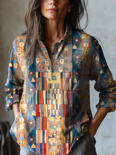 Women's Printed Casual Half Button Lapel Long Sleeve Top