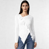 Pleated Ruffled Edge Square Neck Long Sleeve Base Shirt