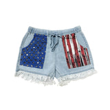 High-waisted Drawstring Fringe Denim Shorts For Women