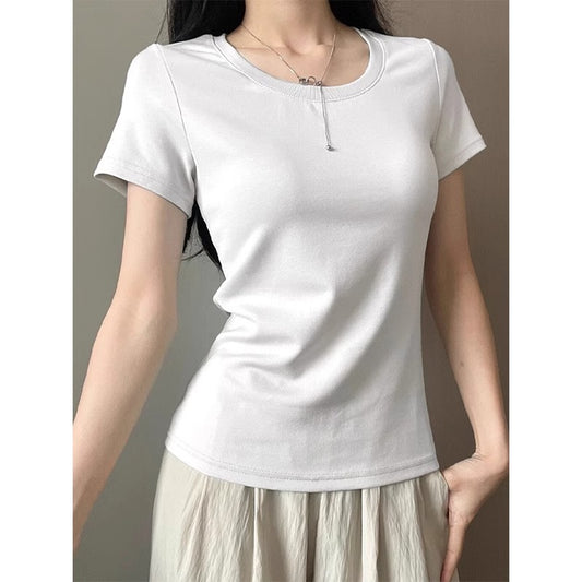 Solid Color Korean Style All-match U-collar Bottoming Top Women's Summer Cotton Short Sleeve Shoulder T-shirt Women