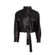 Soft Waxy Wool Kid Leather Belted Denim Jacket