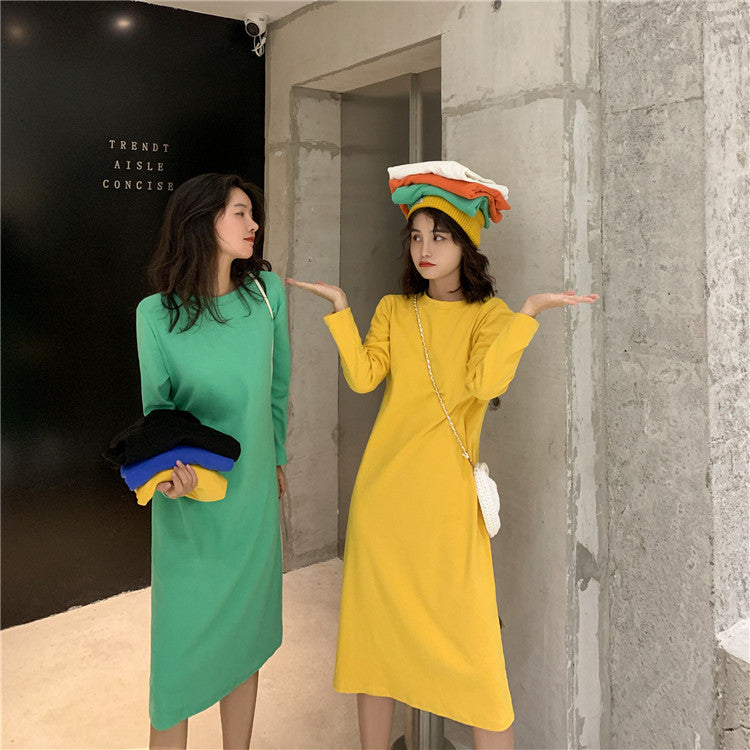 Loose-fitting Figure-flattering Long-sleeved Straight-cut Solid-color Dress