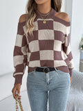 Women's Off-Shoulder Color-Blocked Plaid Lantern Sleeve Sweater