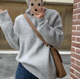 Women's Solid Color Loose Zipper Lapel Stand Up Sweater