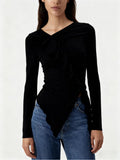 Pleated Ruffled Edge Square Neck Long Sleeve Base Shirt