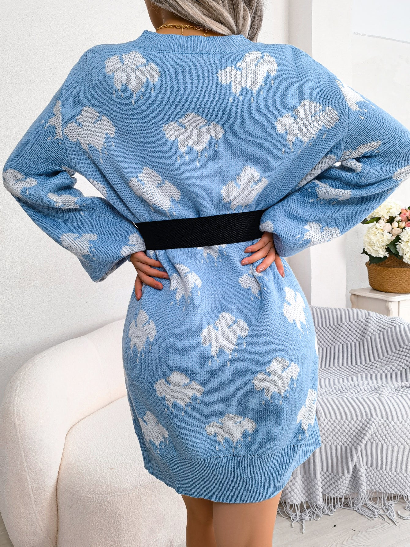 Women's Color-Blocked Cloud Lantern Sleeve Knitted Slip Dress