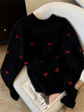 Women's Comfortable Sweater With Heart Pattern Long-Sleeved Crew-Neck Pullover