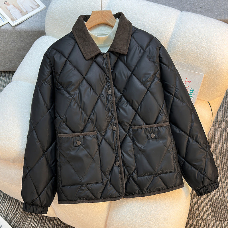 Diamond-patterned Cotton Short Loose Stylish Versatile Cotton Jacket