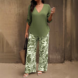 Women's Casual V-Neck Long-Sleeve Pants Set With Digital Print
