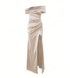 Elegant Off Shoulder Satin Slit Dress, Wedding Extra Long Formal Gown, Christmas Party Dress, Bridesmaid Dress