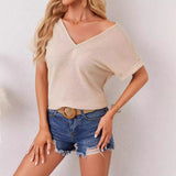 V-neck Back-cutout Patchwork Fashionable Lace Batwing-sleeve T-shirt