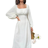 Women's Fashion Square-neck Tie-waist Figure-flattering A-line Dress With Long Sleeves And An Elegant Vibe