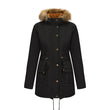 Hooded Women's Mid-length Padded Coat With Fur Collar And Defined Waist