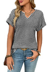 New Women's V-neck Short-sleeve Loose-fit Striped Casual Pullover T-shirt
