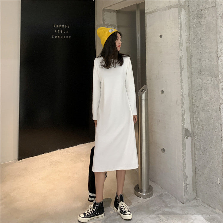Loose-fitting Figure-flattering Long-sleeved Straight-cut Solid-color Dress
