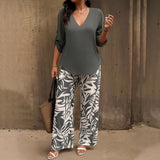 Women's Casual V-Neck Long-Sleeve Pants Set With Digital Print